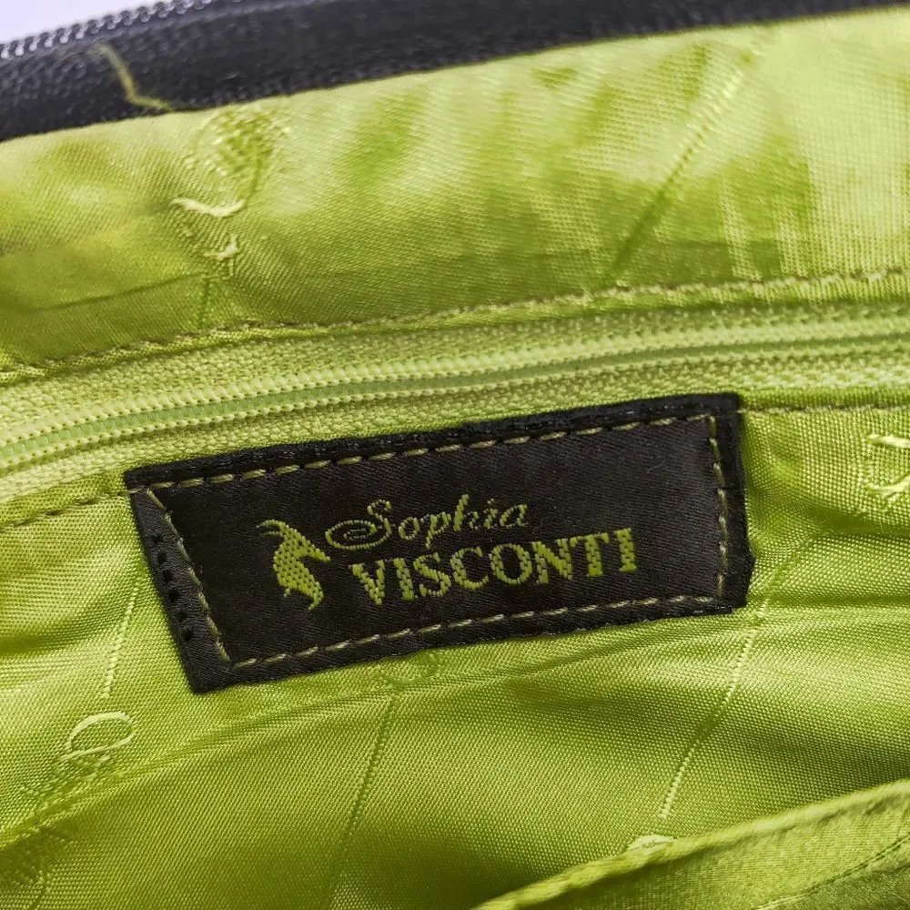 Sophia visconti Clutch Wristlet Studded Black Leather  Lime Green Lined Handbag